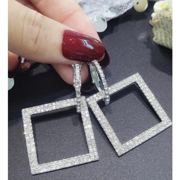 2/$24 Square Rhinestone Drop Earrings In Silver Tone - Picture 5 of 6